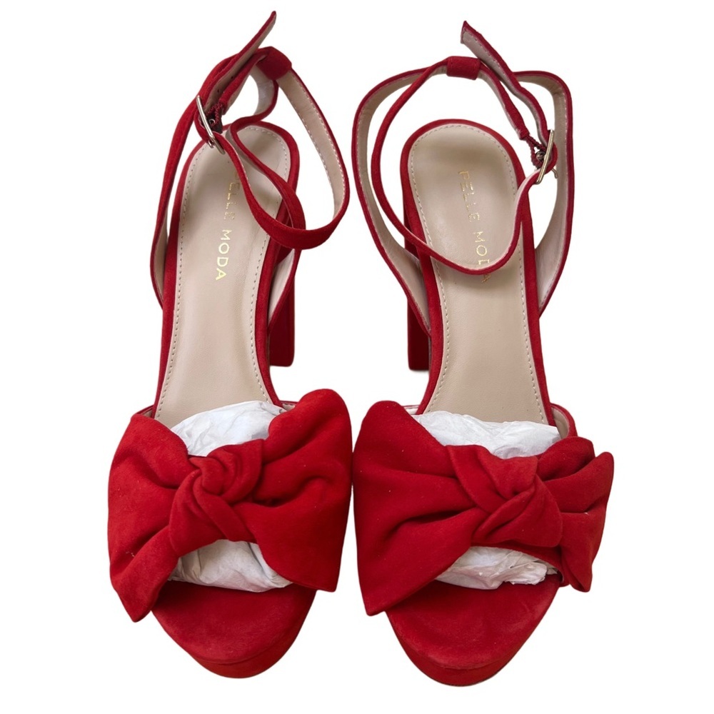 Red Suede Knot-Front Platform Ankle-Strap Heels